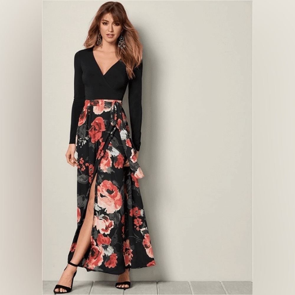 Floral Maxi Dress with Black v neck Top